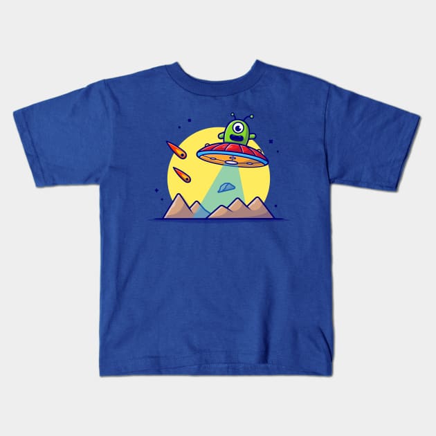 Cute Alien Flying on Planet with UFO and Meteorite Space Cartoon Vector Icon Illustration Kids T-Shirt by Catalyst Labs